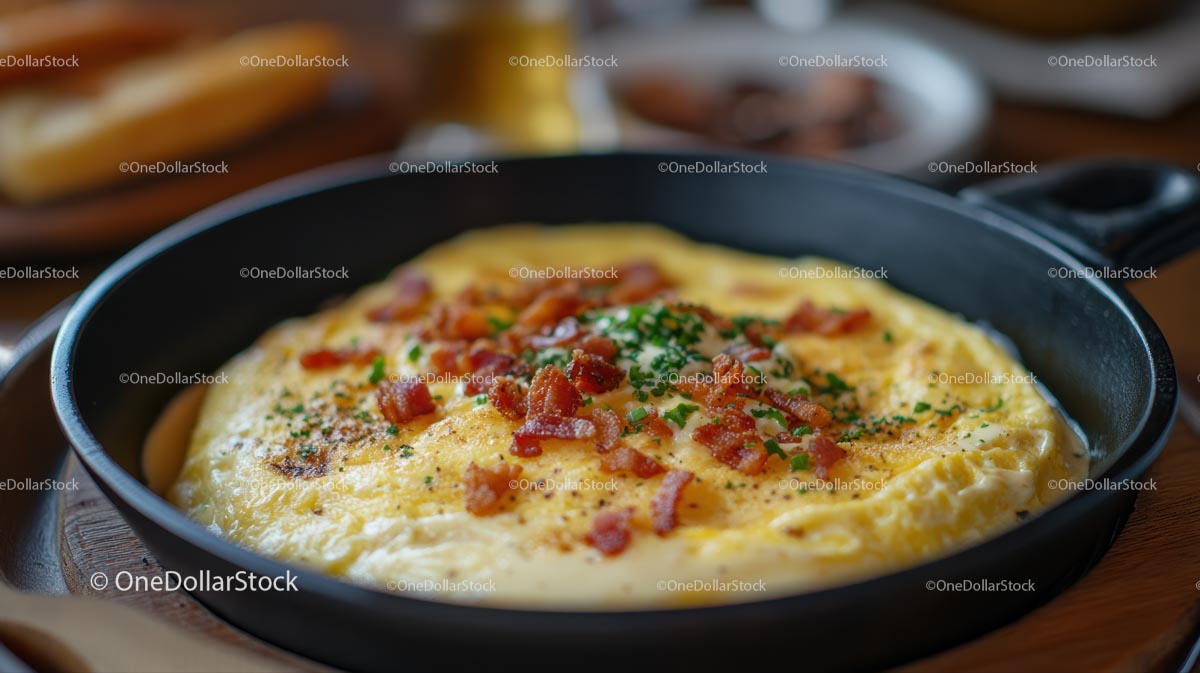 Puszysty omlet z chrupiącym boczkiem na patelni