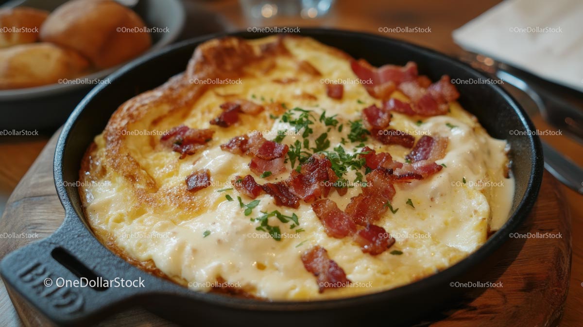 Pikantny omlet z boczkiem w żeliwnej patelni