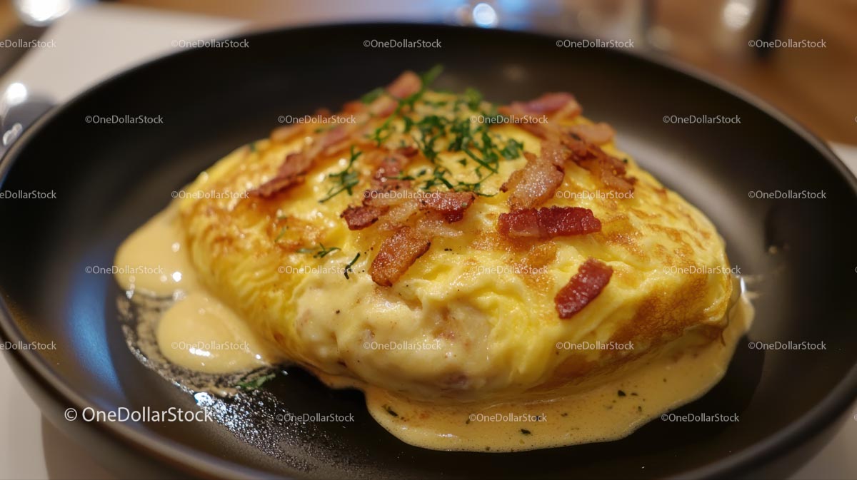 Omlet ze Złotym Serem, Chrupiącym Boczkiem i Świeżymi Ziołami