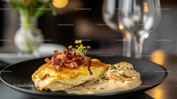 Gourmet omlet z boczkiem i kremowym sosem na eleganckim talerzu