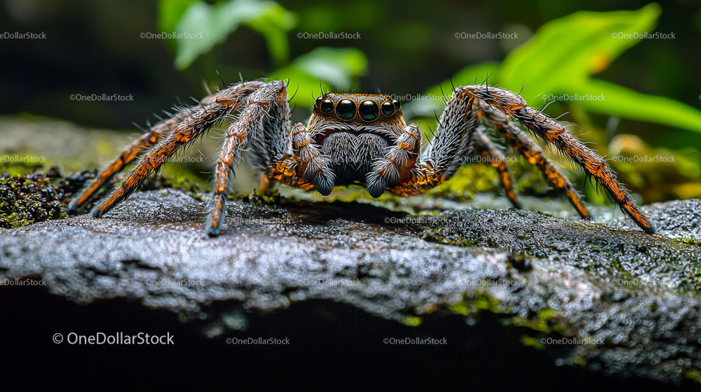 Jumping Spider on Mossy Rock in Vibrant Detail
