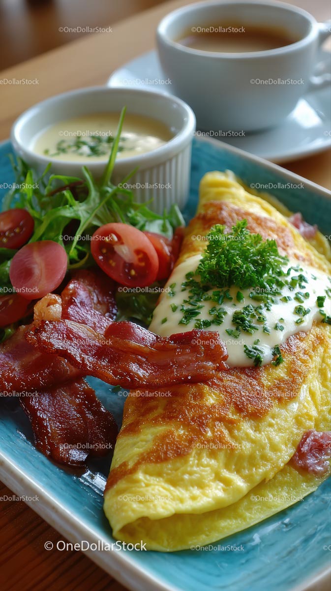 Savory Omelette with Bacon and Fresh Tomato Salad for Breakfast