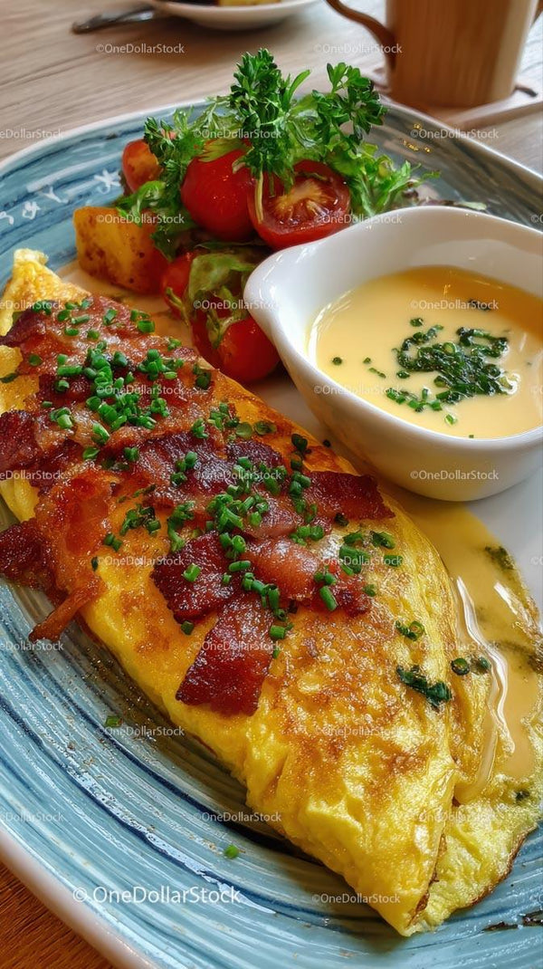 Omlet z Bekonem i Ziołową Ozdobą na Talerzu Śniadaniowym