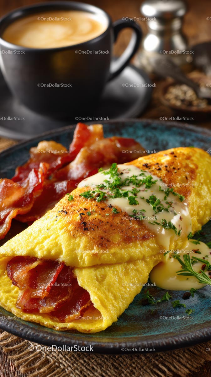 Gourmet Omelette with Bacon and Parsley Garnish