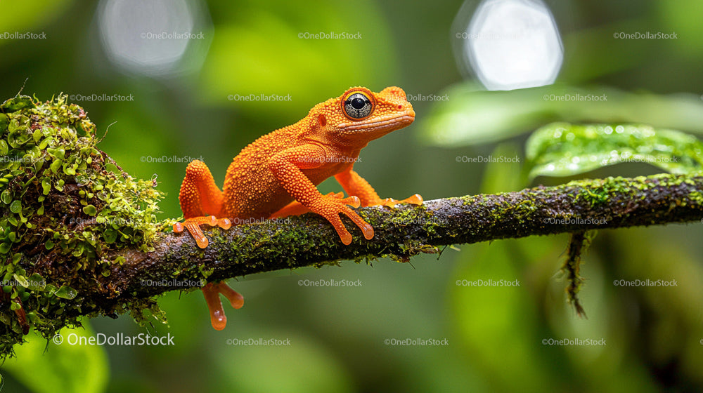 Vibrant Orange Frog Resting on a Mossy Branch