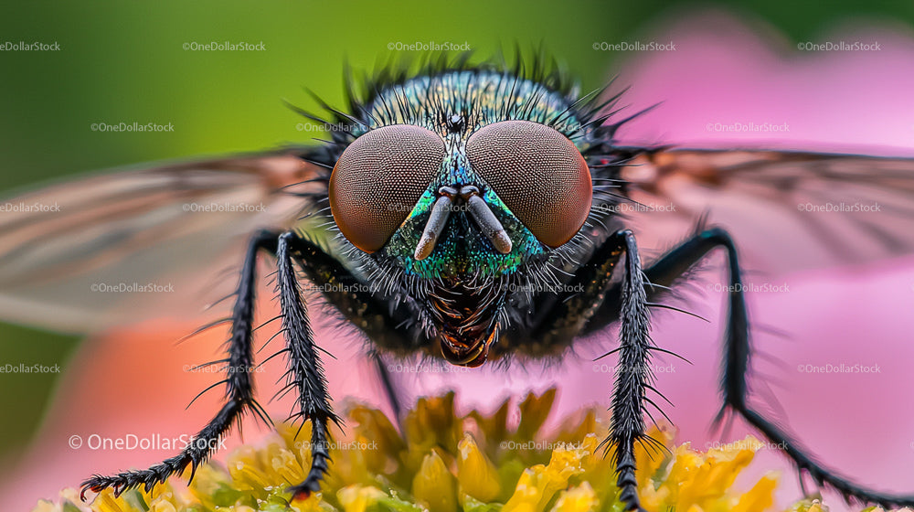 Macro Shot of Housefly on Yellow Flower with Pink Background