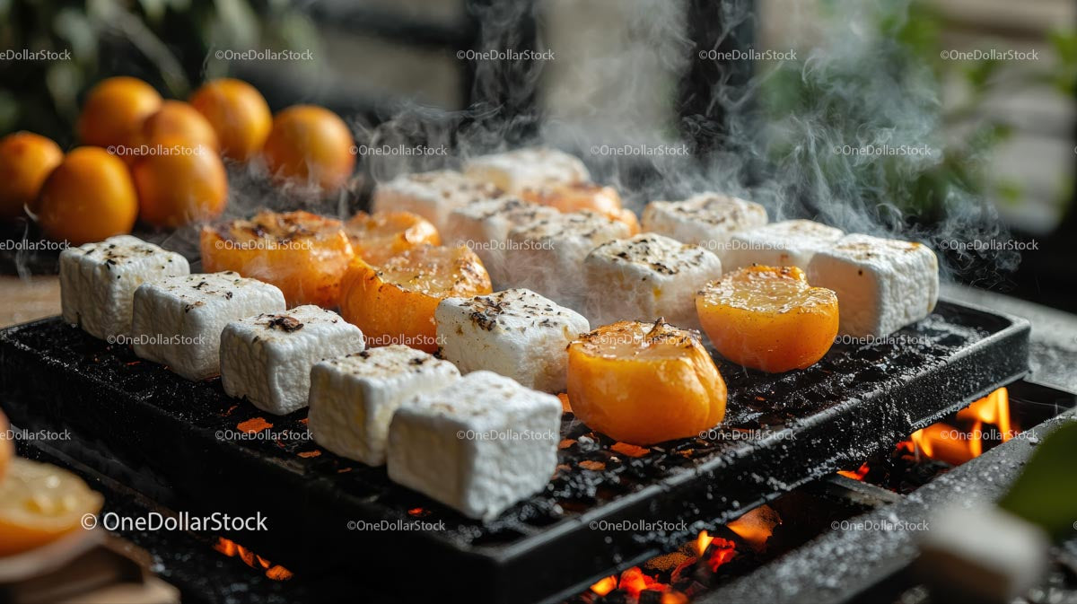 Grilled Tofu and Peaches Sizzling on Outdoor BBQ