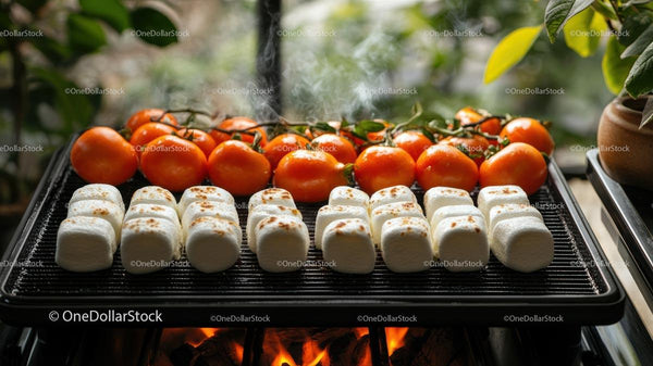 Grillowane pianki marshmallow i pomidory na gałązce na otwartym grillu