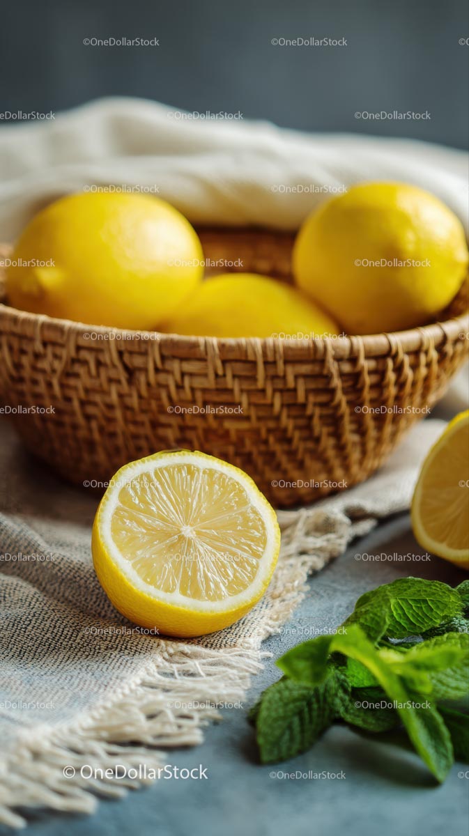 Fresh Lemons in Woven Basket with Mint Leaves