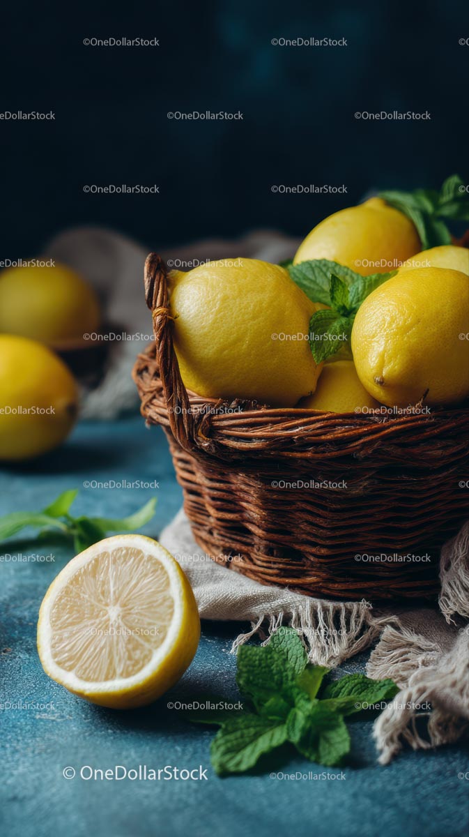 Świeże cytryny w wiklinowym koszyczku z listkami mięty
