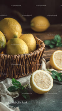 Fresh Lemons in Wicker Basket with Mint Leaves