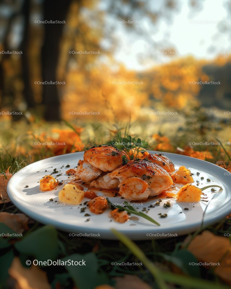 Danie z krewetkami gourmet w jesiennym otoczeniu na świeżym powietrzu