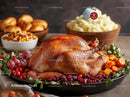 Roasted Turkey with Festive Sides on Thanksgiving Table