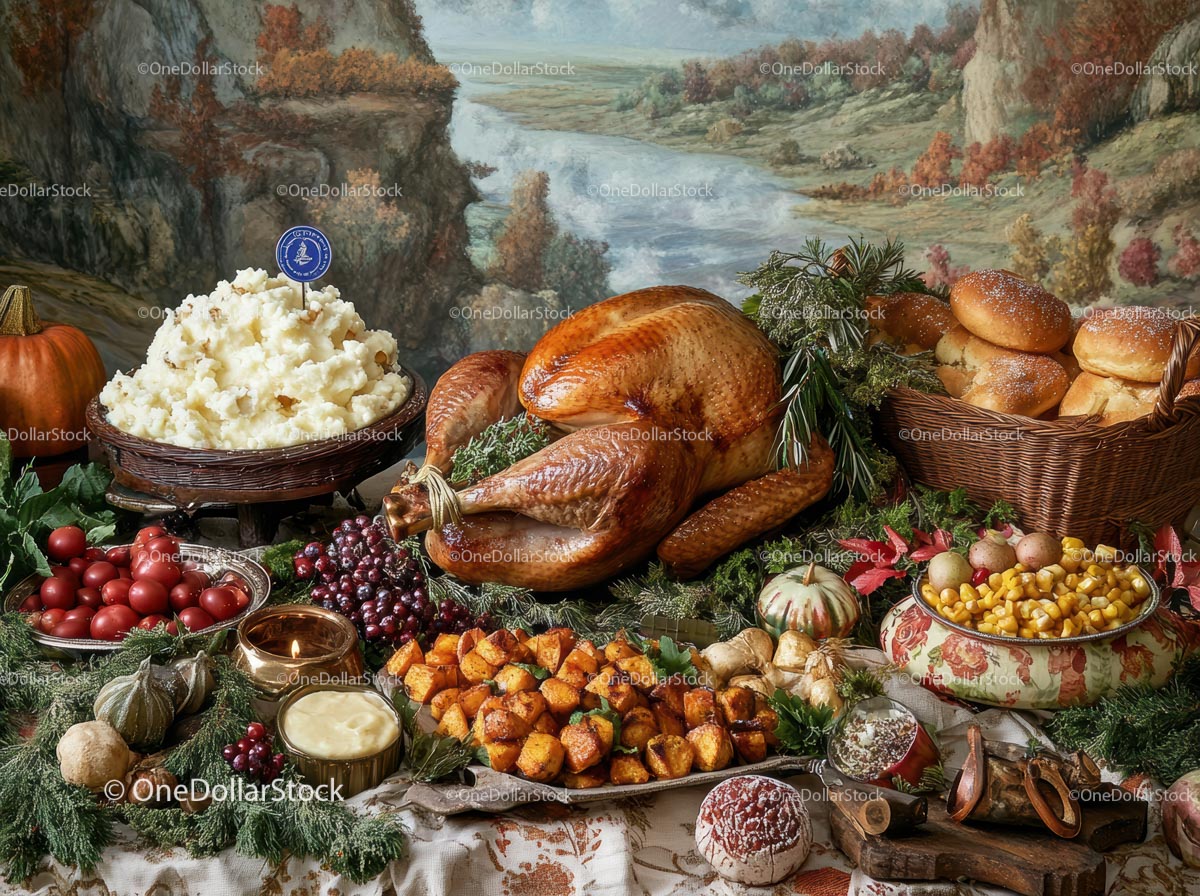 Festive Thanksgiving Table with Roasted Turkey and Sides