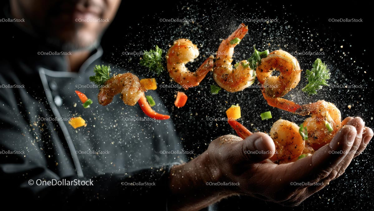 Dynamic Culinary Art with Shrimp and Vegetables