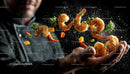 Dynamic Culinary Art with Shrimp and Vegetables