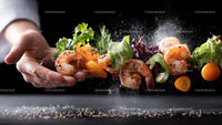 Dynamic Culinary Art with Shrimp and Fresh Vegetables