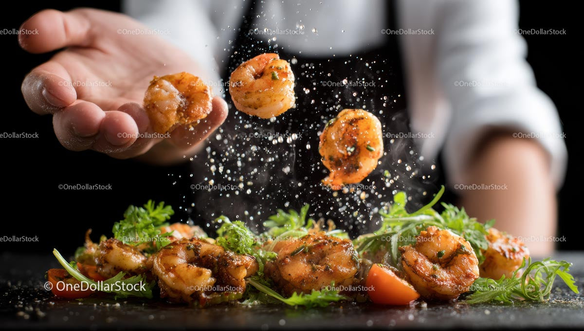 Chef Preparing Gourmet Shrimp with Fresh Herbs and Spices