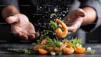Dynamic Culinary Art with Fresh Shrimp and Herbs
