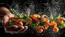 Grilled Shrimp with Peppers and Kale on Chef's Hand