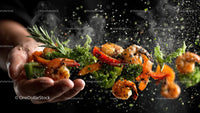 Grilled Shrimp with Peppers and Kale on Chef's Hand