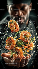 Dynamic Culinary Shot of Shrimp and Vegetables