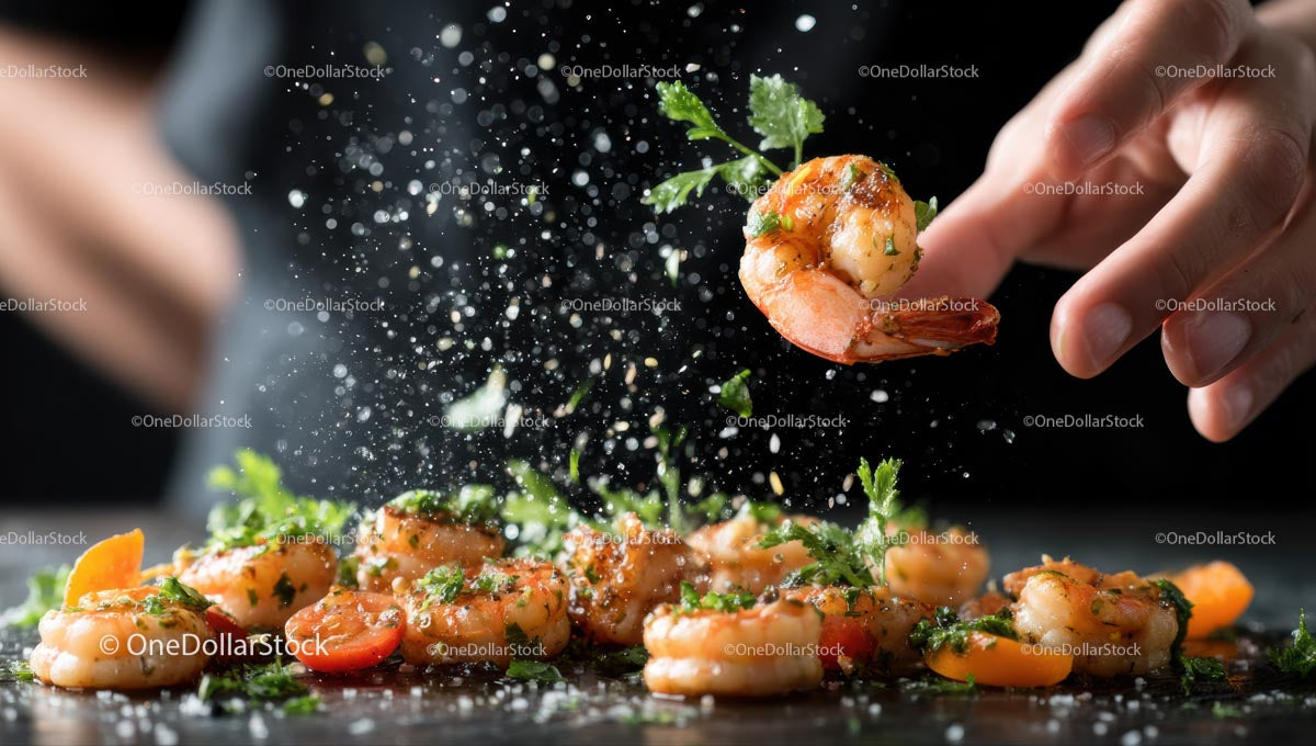 Grilled Shrimp with Herbs and Seasoning on Black Background