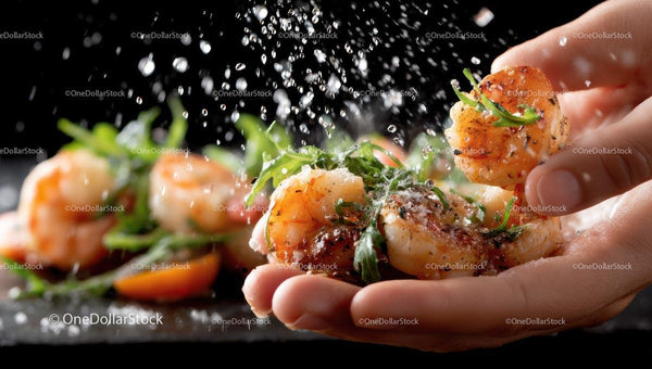Seasoned Shrimp in Hand with Garden-Fresh Arugula