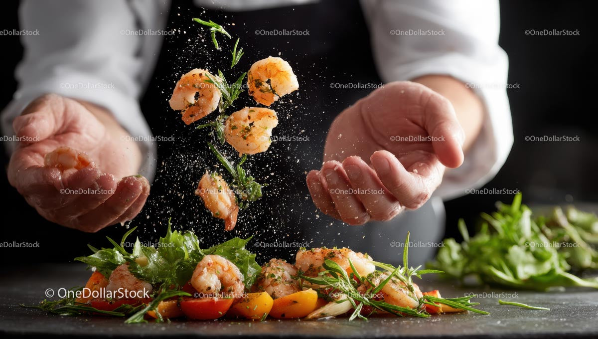 Chef's Mastery with Fresh Shrimp and Herbs in Action