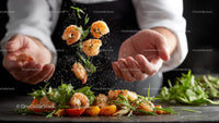 Chef's Mastery with Fresh Shrimp and Herbs in Action