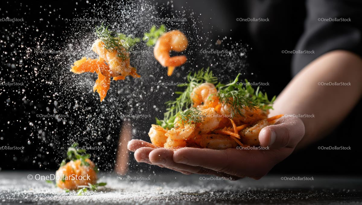 Shrimp with Fresh Dill and Flour Dusting in Chef's Hand