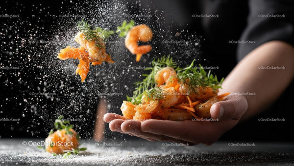 Shrimp with Fresh Dill and Flour Dusting in Chef's Hand