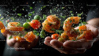 Dynamic Display of Shrimp and Vegetables in Motion