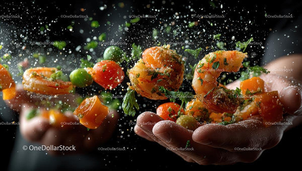 Dynamic Display of Shrimp and Vegetables in Motion