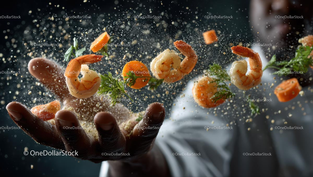 Dynamic Culinary Art with Shrimp and Carrot Presentation