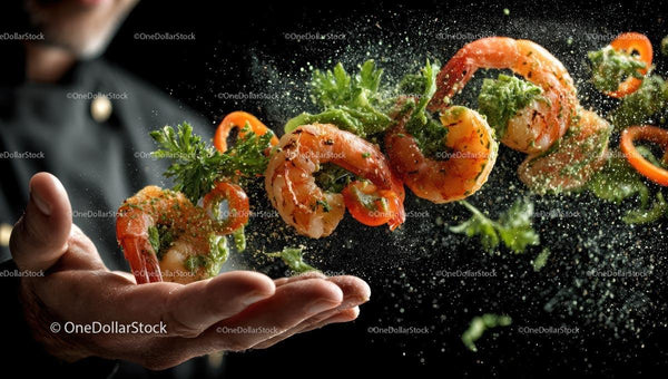 Dynamic Culinary Display of Shrimp with Fresh Herbs