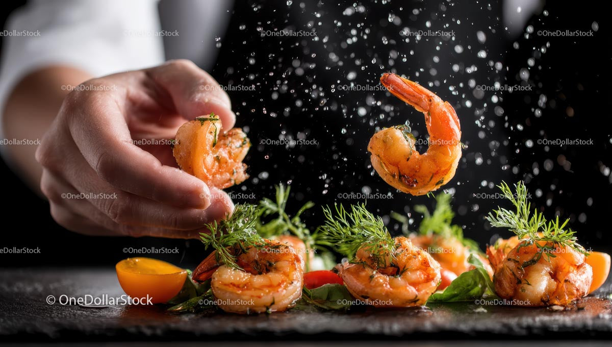 Exquisite Shrimp with Fresh Herbs in Motion