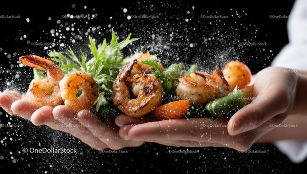 Grilled Shrimp and Fresh Salad in Hands