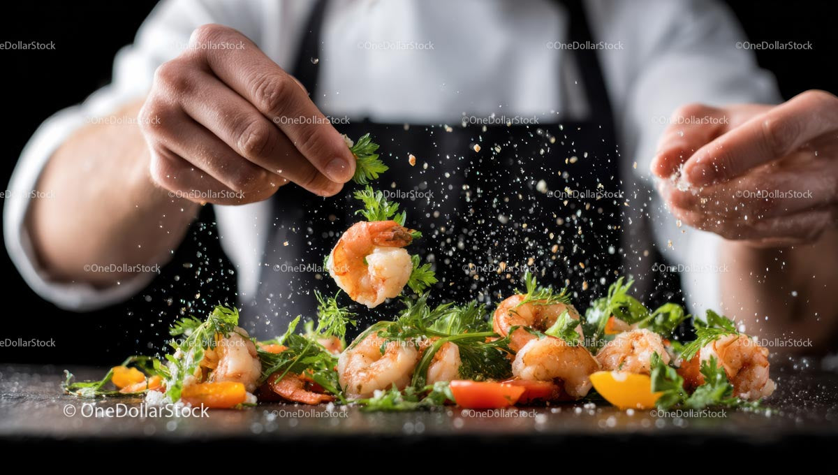 Chef Seasoning Fresh Shrimp with Herbs in Professional Kitchen