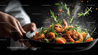 Sizzling Shrimp with Arugula in Frying Pan