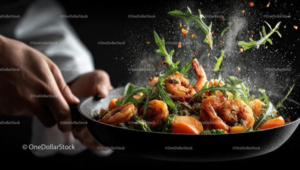 Sizzling Shrimp with Arugula in Frying Pan