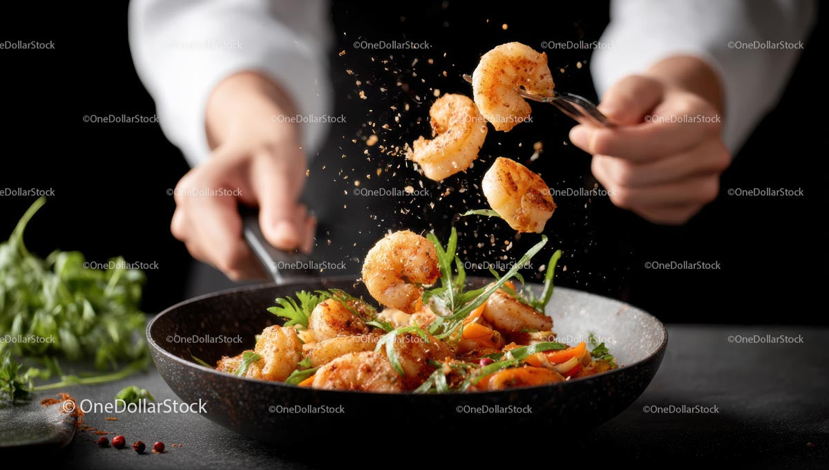 Chef Tossing Sizzling Shrimp with Fresh Ingredients