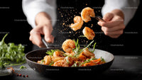 Chef Tossing Sizzling Shrimp with Fresh Ingredients