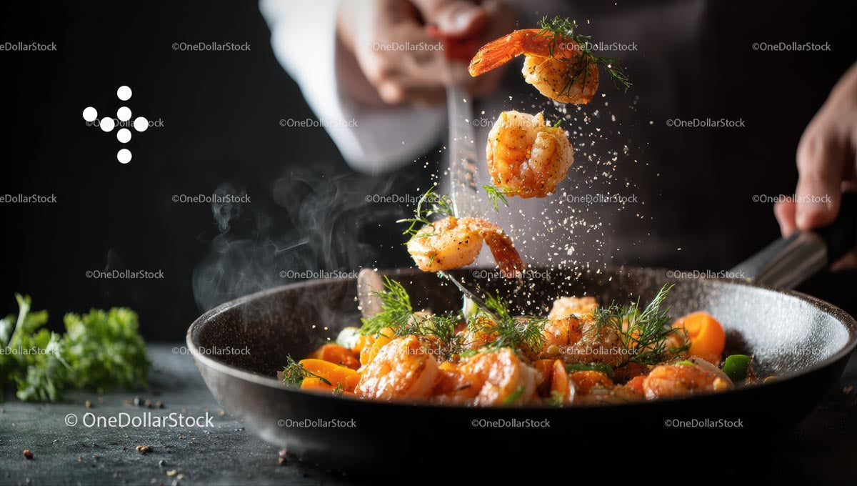 Gourmet Shrimp Cooking in a Hot Frying Pan