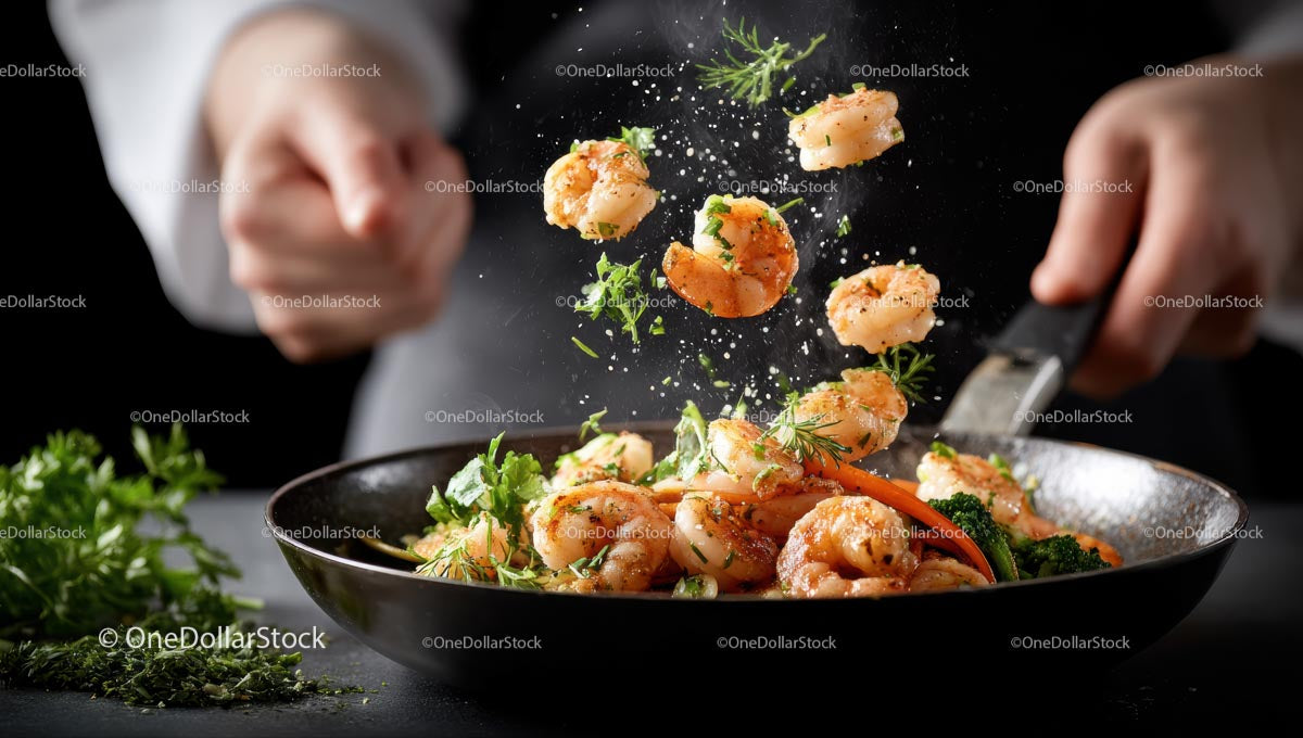 Chef Preparing Gourmet Shrimp Dish with Fresh Herbs
