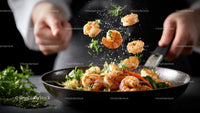 Chef Preparing Gourmet Shrimp Dish with Fresh Herbs
