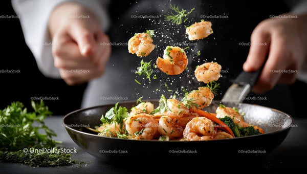 Chef Preparing Gourmet Shrimp Dish with Fresh Herbs