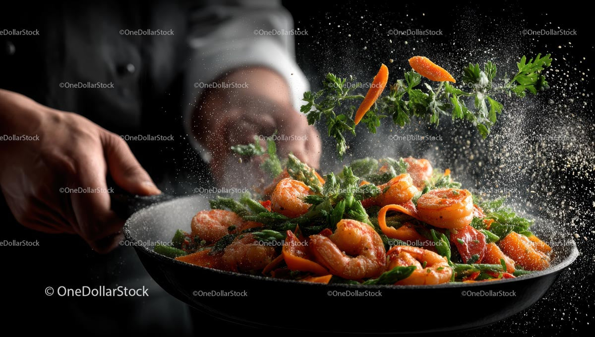 Chef Preparing Stir-Fried Shrimp with Fresh Vegetables