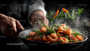 Chef Preparing Stir-Fried Shrimp with Fresh Vegetables