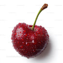 Single Fresh Cherry with Water Droplets on a White Background